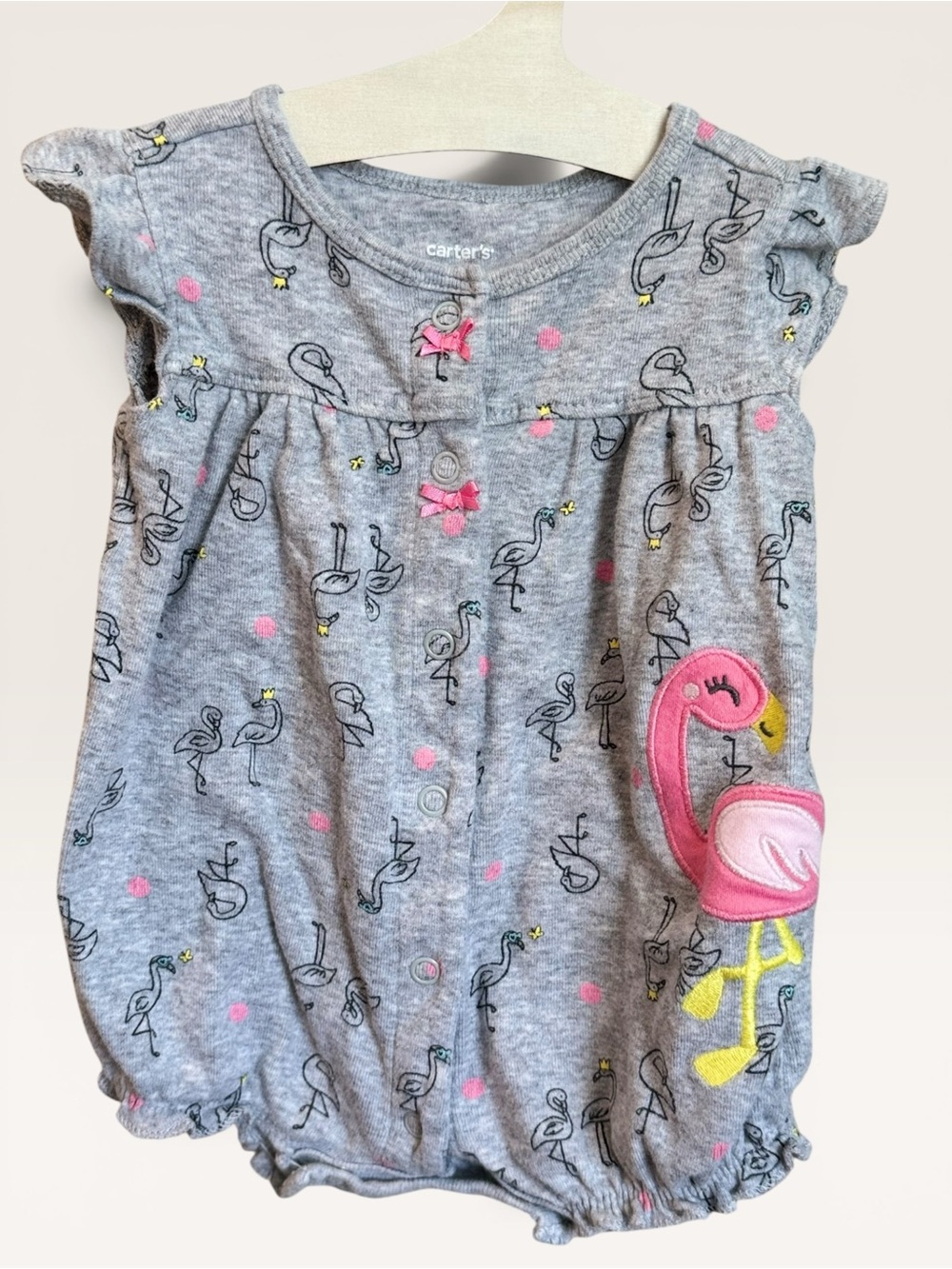 NWOT Carter’s Baby Girl Gray Flamingo Print Bubble Romper 3M Summer